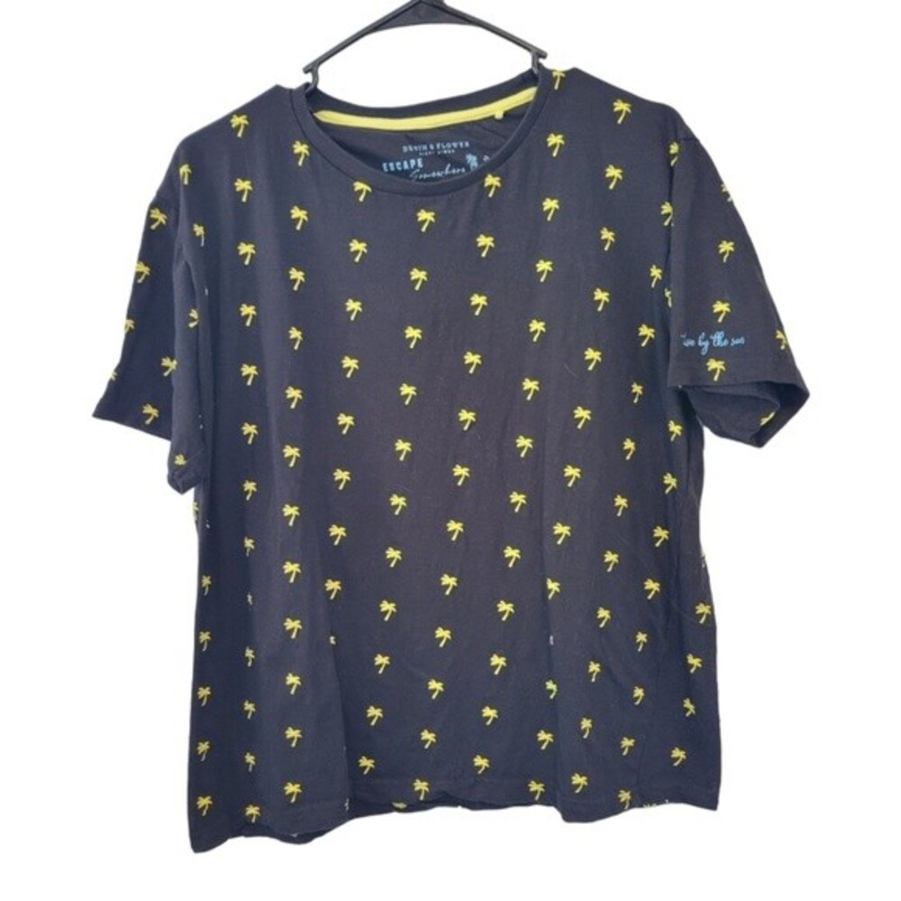 Denim & Flower Men's Black & Yellow Palm Tree Tropical Print T-Shirt Size Large